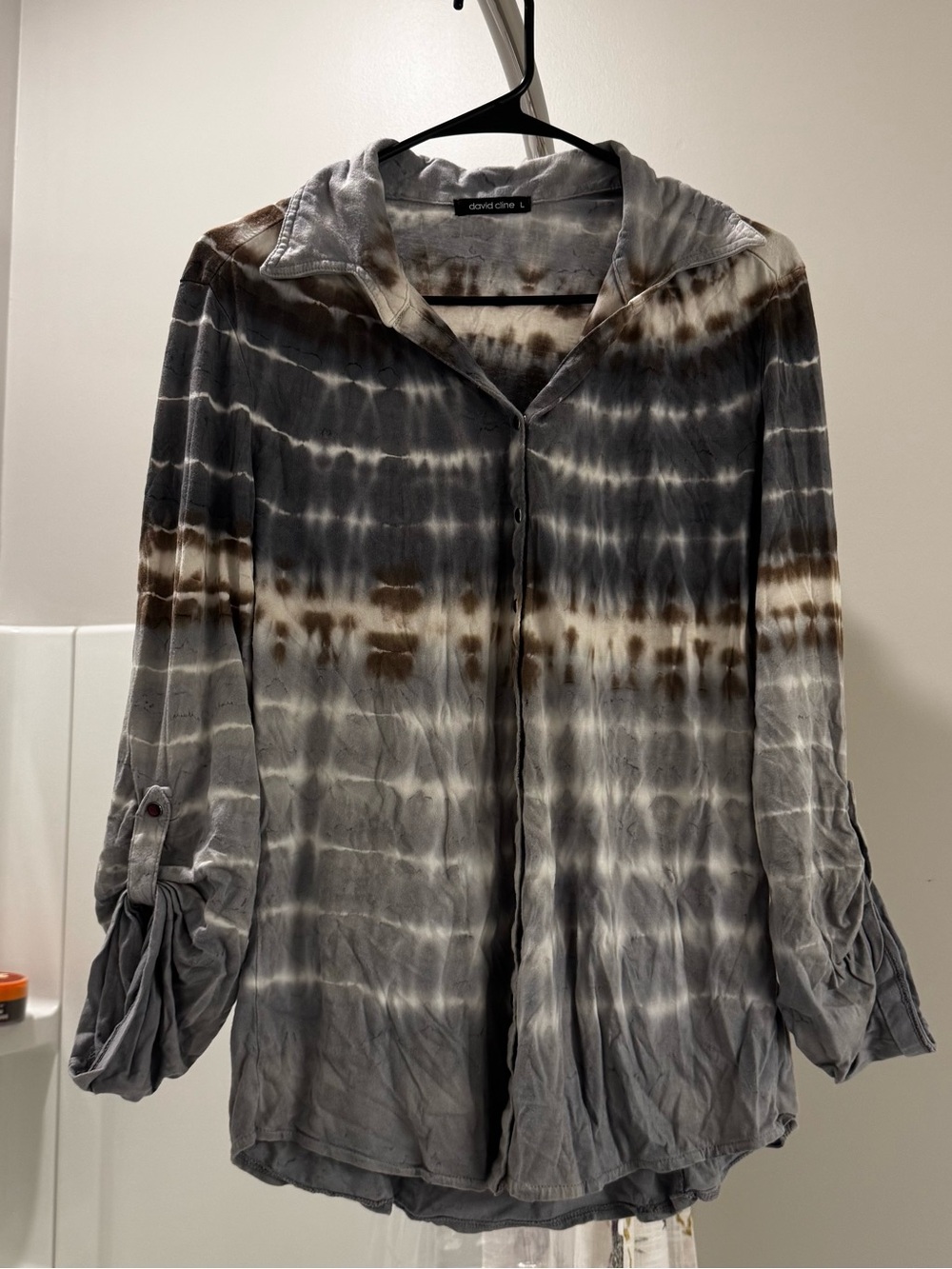 David Cline Crushed Tie Dye Roll Tab Button Down Shirt Top Gray Size L